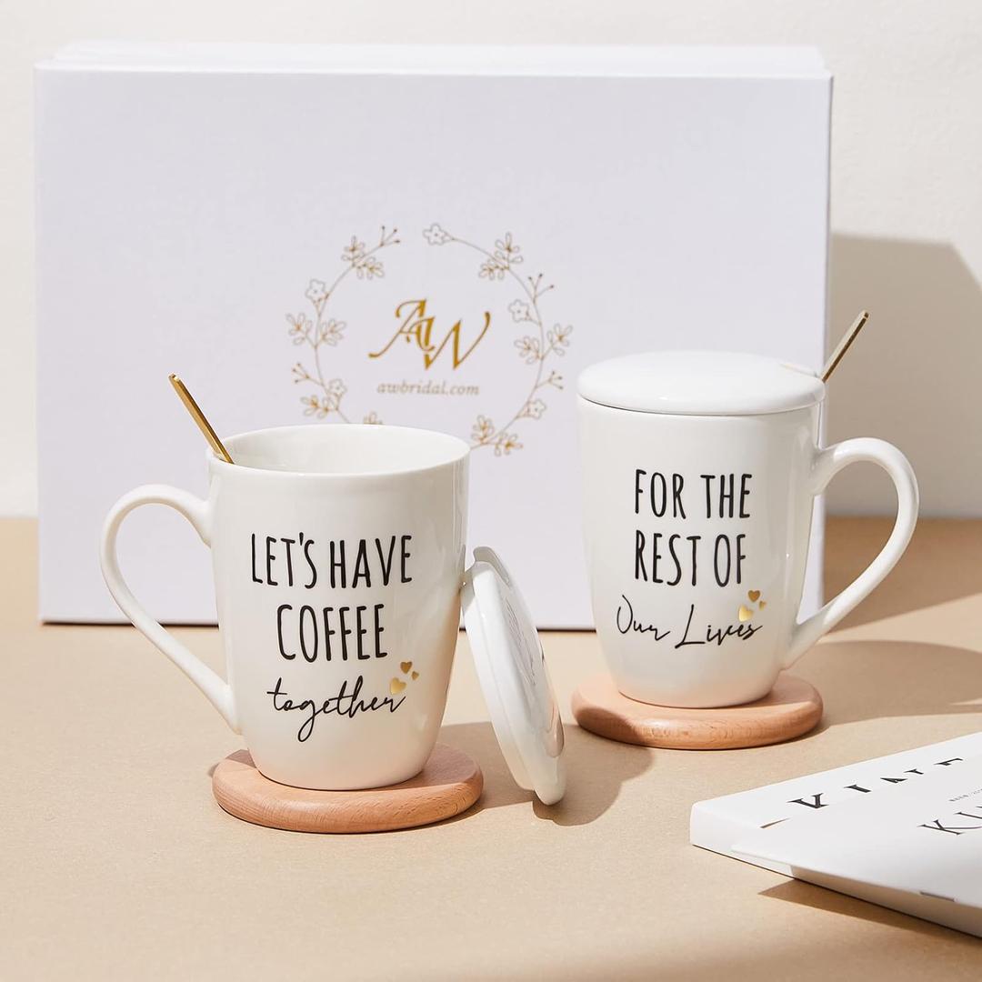 AW BRIDAL Ceramic Engagement Gifts For Couples Newly Engaged Unique Coffee Mugs Set Of 2, 12 Oz| Bachelorette Bridal Shower Gift For Bride, Anniversary Wedding Gifts For Couples Christmas Gifts