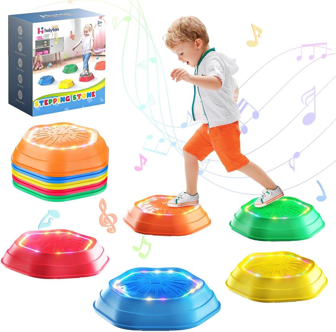 Holyton Light Up Stepping Stones for Kids, 5 Pack Sensory Balance Stepping Stones with Rechargeable Batteries, Non-Slip Toddler Stepping Stones for Ages 3-8, Indoor Outdoor Active Play, Red
