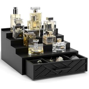 Cologne Organizer for Men, 4 Tier Stand With Velvet Lining Drawer and Hidden Compartment, Wood Perfume Shelf, Display Holder for Watch Jewelry, Great Gifts for Men