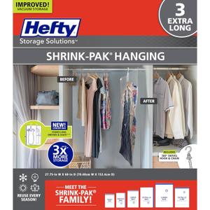 Hefty Shrink-Pak Hanging Vacuum Storage Bags  For Clothes, Pillows, Towels, Blankets & More  Space Saver Vacuum Suction Sealer for Home or Travel  3 Extra Long Hanging, 60 x 27 Inches