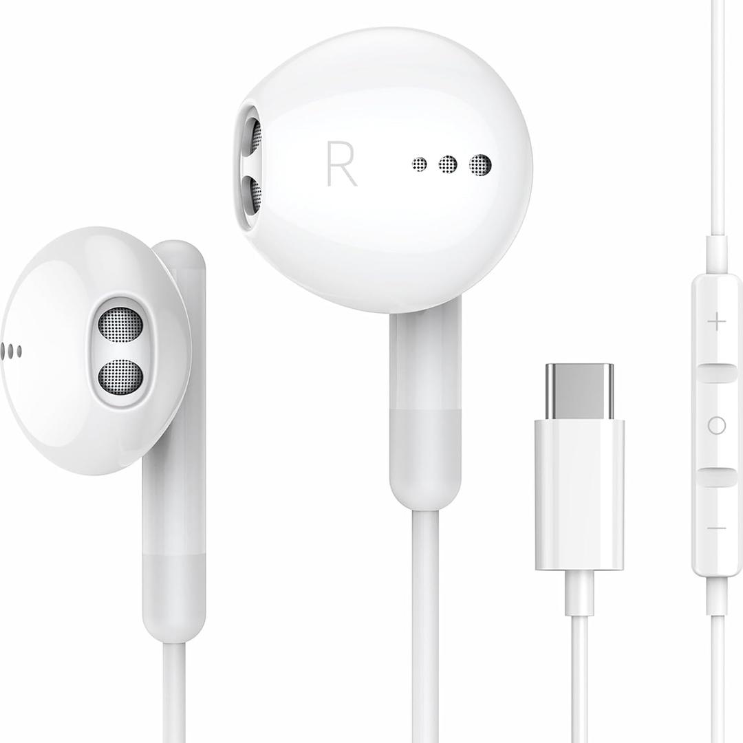 USB C Headphones for iPhone 16 15 Pro Max Plus iPad Pro USB C Earphones with Microphone Volume Control USB C Wired Earbuds USB Type C Earphone for Google Pixel 8 7 6A 5 Samsung S24 S23 S22 S21 S20 A55 (White)