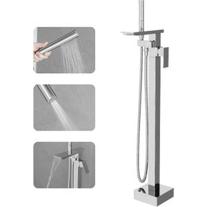 RUMOSE Polished Chrome Bathtub Filler Freestanding Tub Filler Floor Mount Tub Faucet Waterfall Bathtub Faucet with CUPC Certified High Flow Brass Bath Shower Faucets with Handheld Sprayer