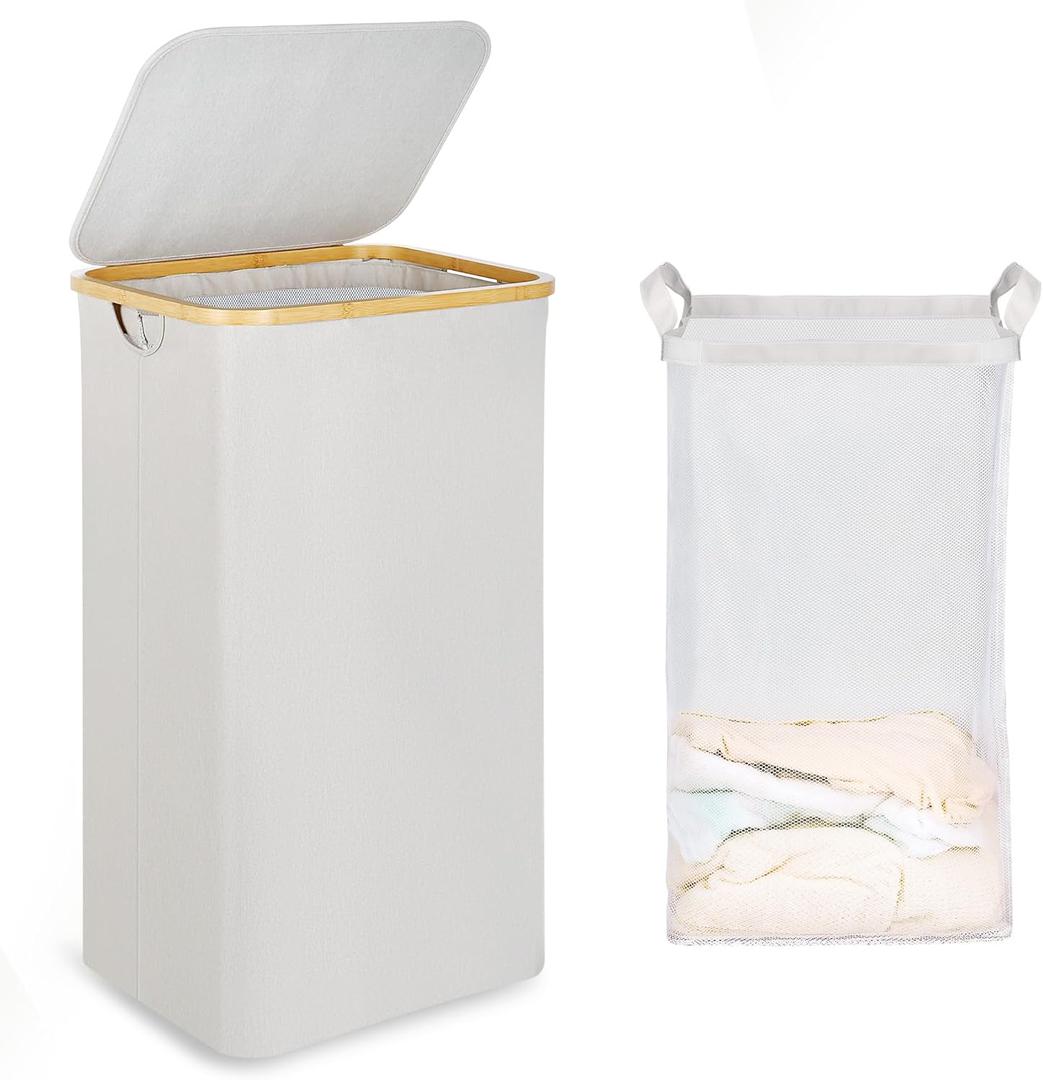 efluky Laundry Basket with Lid and Removable Bag, 100L Tall Laundry Hamper with Bamboo Handles, Aesthetic Dirty Clothes Bin for Laundry Room, Bathroom, Bedroom and Dorm, Light Grey