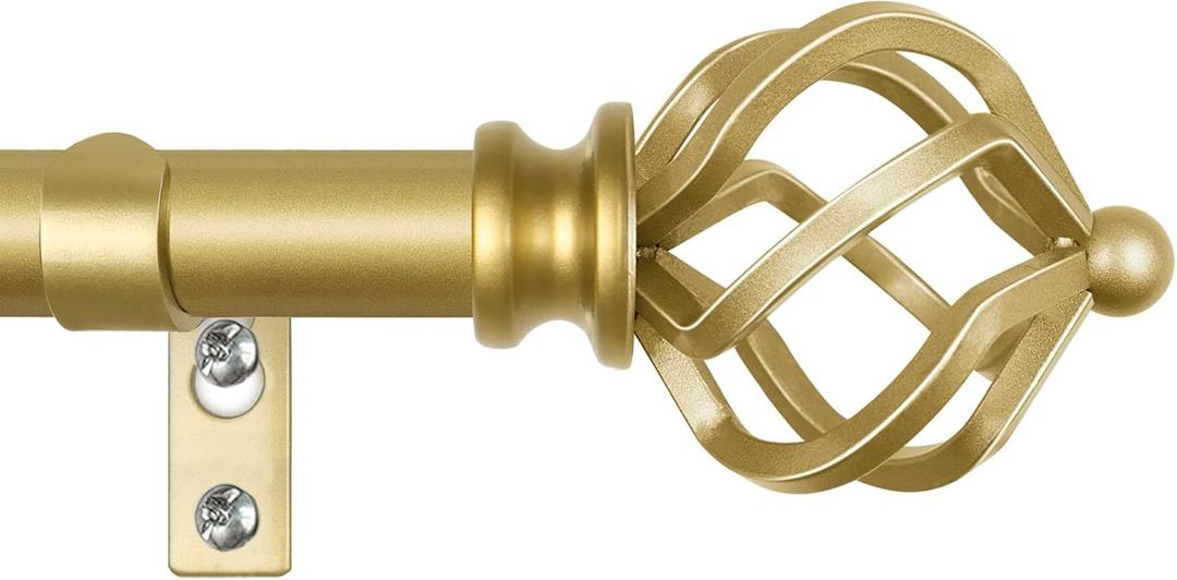KAMANINA Gold Curtain Rod 32 to 58 Inch(2.6-4.8ft), Adjustable Curtain Rods for Windows 28 to 48 Inch, 3/4 Inch Splicing Drapery Rods with Twisted Cage Finial