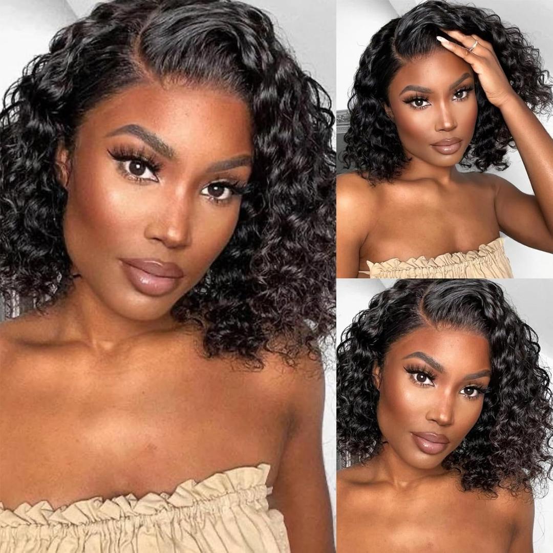 13x6 Deep Wave Lace Front Wigs Short Curly Bob Wig Human Hair 200 Density HD Glueless Lace Frontal Human Hair Wigs for Black Women Pre Plucked Natural Black 10 Inch