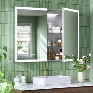 40x30 Inch Medicine Cabinet with Lights, AL Alloy Frame, Plug-in or Hardwired, Recessed or Wall Mount, Mirror Doors/3 Colors/Dimmable/Interior Sensor Light/Defog,2 Outlets & USBs,2 Shelves