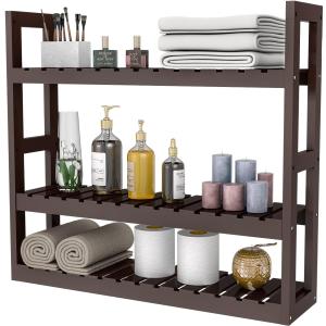 Domax Bamboo Bathroom Shelf 3-Tier Wall Mount Storage Rack Multifunctional Adjustable Layer Free Standing Over Toilet Utility Shelves Living Room Kitchen (Brown)