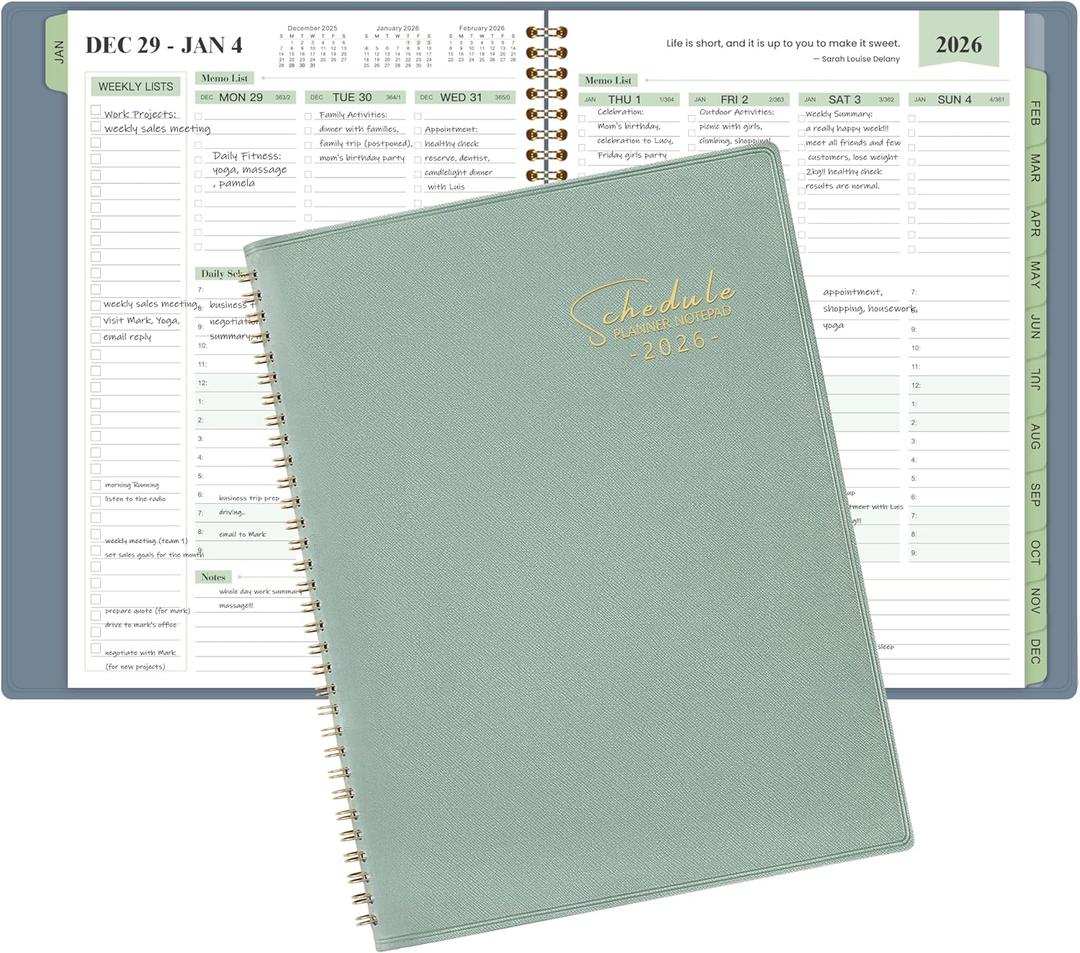 2026 Planner - Business Planner, JAN 2026 - DEC 2026, 2026 Appointment Book, 3-Tier Schedule Planner Notepad, 2026 Daily Planners, 8.74" x 11.38", 60 Minutes Intervals + Monthly Tabs + Leather Cover + Pocket - Pea Green