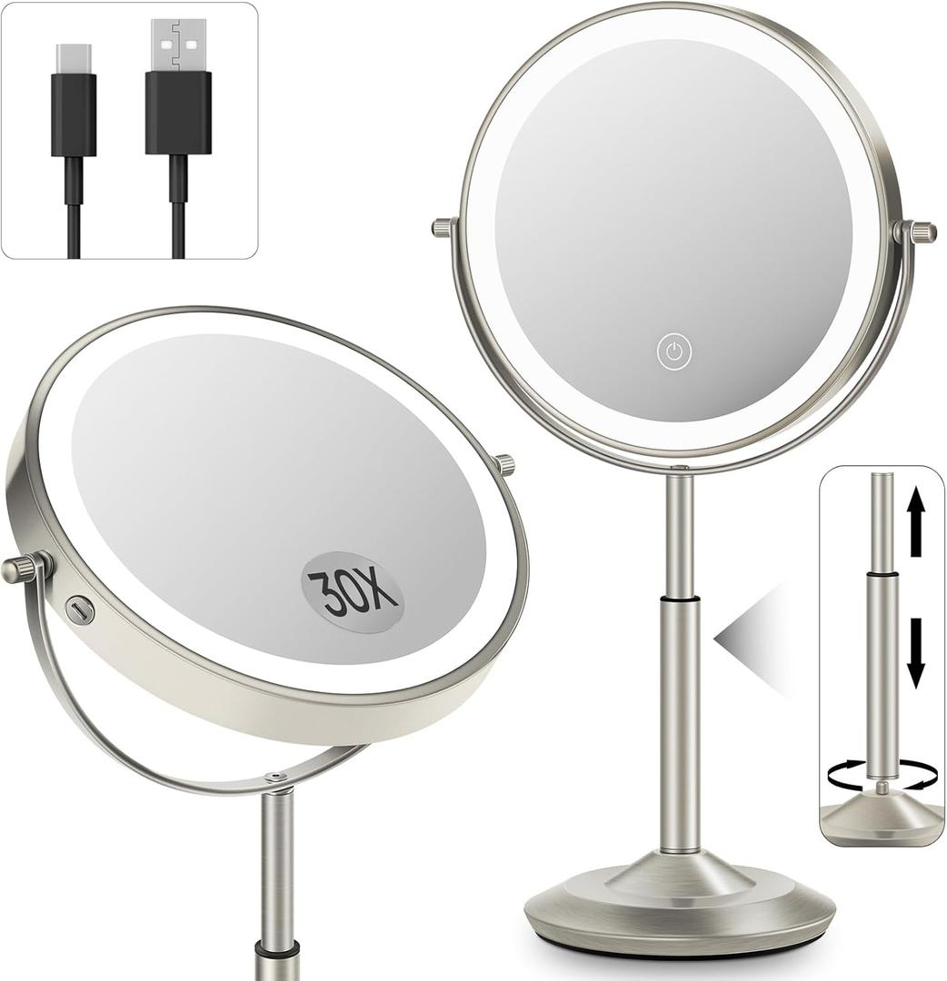 vpu Makeup Mirror with Lights, 1X/30X Lighted Magnifying Mirror Height Adjustable, 3000mAh Rechargeable Double Sided Vanity Mirrors with 3 LED Lighting and Adjustable Brightness for Desk Women Gift (Brushed Nickel)