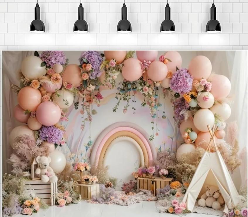 Newborn Baby 1st Birthday Photography Backdrop - Boho Balloons Tent Flower Decor Background for Kids Birthday, Baby Shower Party Portrait Cake Smash Props (7x5ft)