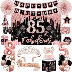 85th Birthday Decorations for Women,32PCS 85th Birthday Party Decorations,Including Backdrop, Crown, Sash, banner, Hanging Swirl,Cake Topper,Paper Fans,balloons and Anniversary Card