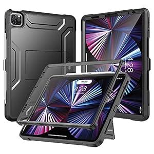 Soke Case for iPad Pro 11 Inch 2022/ 2021/ 2020/ 2018/ iPad Air 5th/ 4th Generation, Built-in Screen Protector - Support 2nd Apple Pencil Charging - Heavy Duty Rugged Protective Kickstand Case - Black