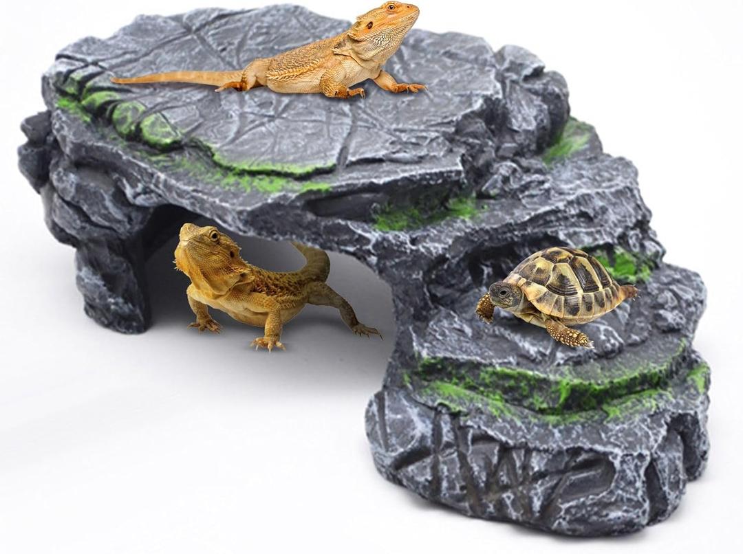 GOZILLA Turtle Basking Platform,Turtle Tank Decoration for Aquariums and Terrarium.Step & Cave Reptile Habitat Hideout for Tortoise, Gecko and Beard Dragon, (Black-M)