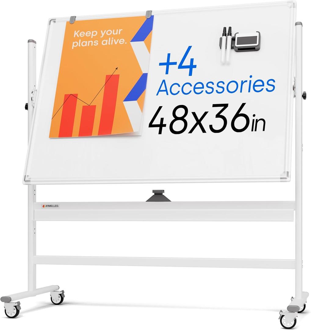Rolling Dry Erase Board 48 x 36 - Large Portable Magnetic Whiteboard with Stand - Double Sided Easel Style Whiteboard with Wheels - Mobile Standing White Board for Office, Classroom & Home (48x36, Pearl White)