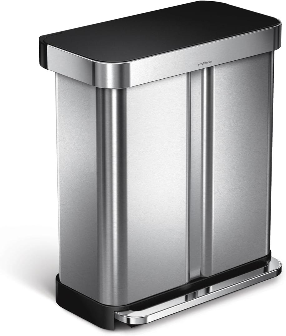 simplehuman 58 Liter / 15.3 Gallon Rectangular Dual Compartment Recycling Kitchen StepTrash Can with Soft-Close Lid, Brushed Stainless Steel with Black Plastic Lid