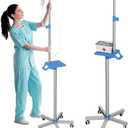 Rolling IV Pole with Tray - Stainless Steel 4 Hooks IV Stand with Wheels Height Adjustable for Clinic Home Care
