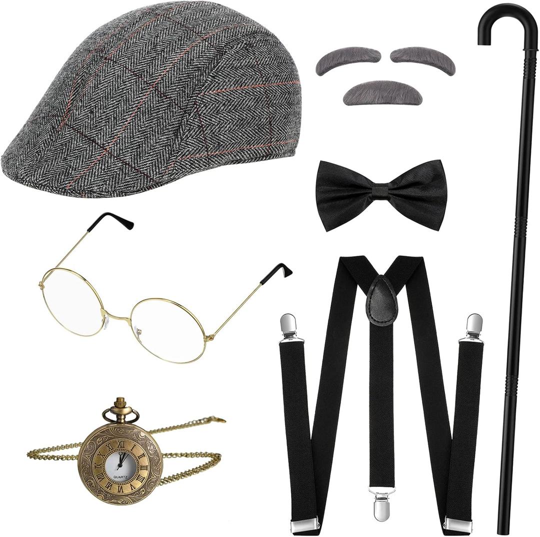 SATINIOR 1920s Old Man Costume for Adults Gangster Grandpa Accessories Set (Grey Stripe Style)