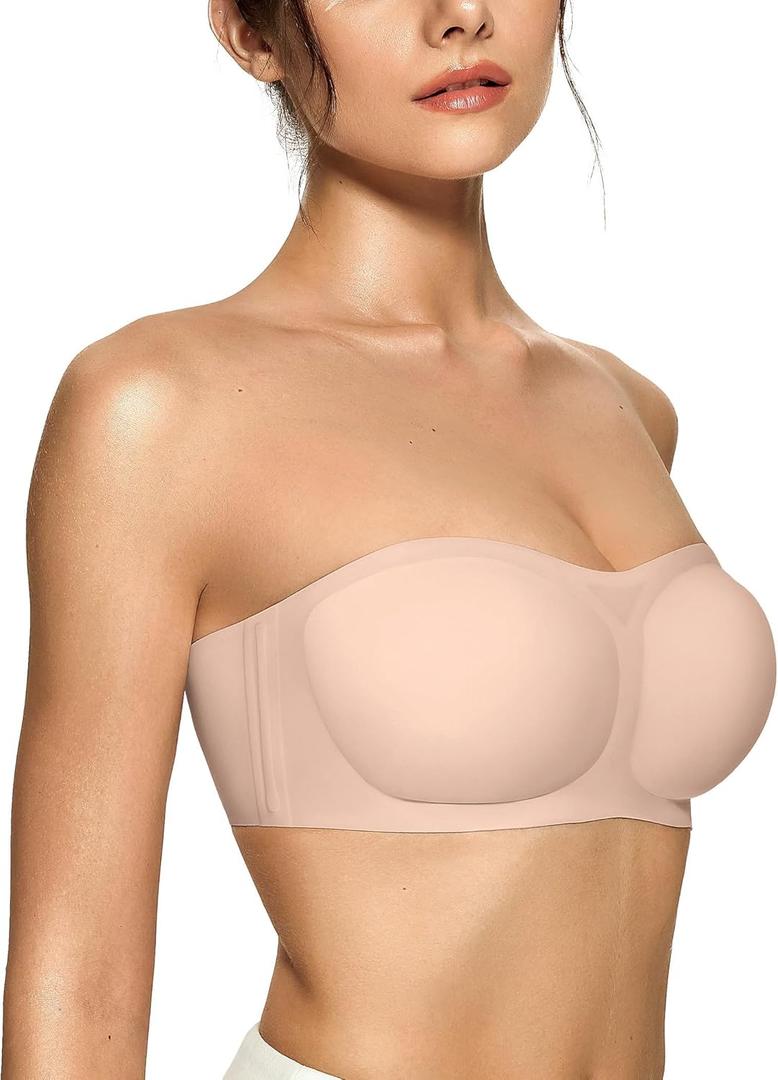 OEAK Womens Strapless Bras Push Up Bandeau Bra Non Slip Wireless Supportive Padded Bras Seamless Comfortable Tube Bra M Nude