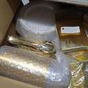 FOCUSLINE 600 Ct Gold Dinnerware Set for 100 Guests - Gold Rimmed Disposable Plastic Plates, Includes 100 Dinner & Salad Plates, Cups, Cutlery Set for Wedding Parties