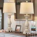 MOUVOVO 28" Tall Farmhouse Table Lamps Set of 2 with USB C+A Ports and AC Outlet, 3 Way Touch Control Rustic Bedside Lamp for Bedroom, Beige Vintage Nightstand Lamp for Living Room Office