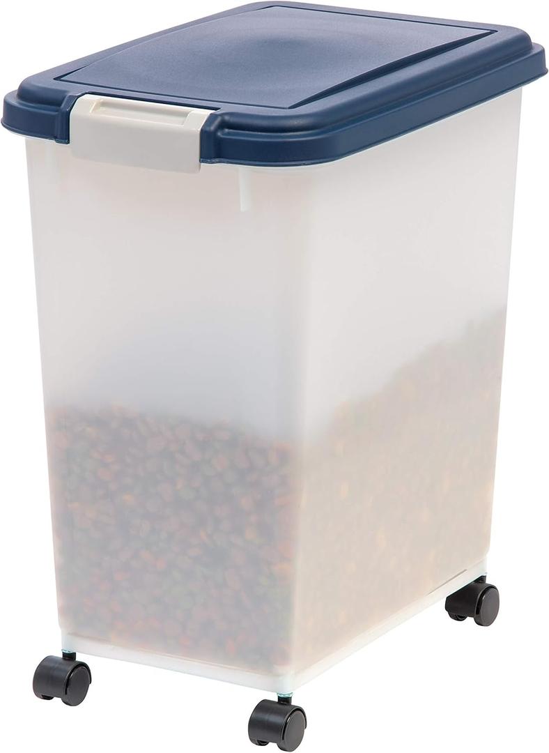 IRIS USA Airtight Dog Food Storage Container, Up to 30 lbs, Attachable Wheels, for Dog Cat Bird and other Pet Food Storage Bin, Keep Fresh, Easy Mobility, BPA Free, Navy/Pearl