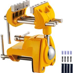 Bench Vise, 360 Swiveling Articulating Vise, Clamp-On Vise for Workbench, Cast Steel Table Clamp Vise, Pipe Vise, Bench Vice for Woodworking, DIY, Drilling, Sawing, Metal Working (Yellow)