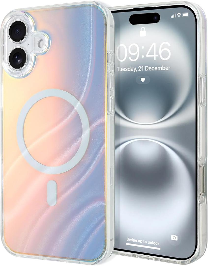 ZIYE Iridescent Case Designed for iPhone 16 Cute Fluorescent Laser Design Soft TPU Bumper Hard PC Scratch-Resistant Shockproof Protective Phone Cover for Women Girls Men Rainbow#1