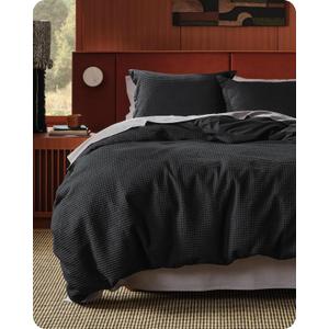 Bedsure Cotton Duvet Cover Set - 100% Cotton Waffle Weave Black Duvet Cover Oversized King Size, PureWoven Breathable Bedding Set for All Season, 3 Pieces, 120"x98"