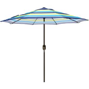 Blissun 9' Outdoor Patio Umbrella, Outdoor Table Umbrella, Yard Umbrella, Market Umbrella with 8 Sturdy Ribs, Push Button Tilt and Crank (Blue & Green Stripe)
