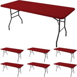 Fitted Tablecloth for 6 Foot Rectangle Tables-6 Pack Red Elastic Outdoor Picnic Table Cover-Spandex Stretch Christmas Table Cloths 6 ft for Camping Dining Room Patio Kitchen Banquet Party