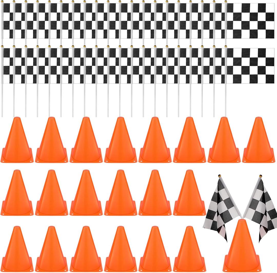 Buryeah 60 Pcs Racing Car Traffic Cones Checkered Flags Sport Training Plastic Cones Racing Checkered Flags for Car Birthday Party Decorations Supplies(7 Inch,Orange)