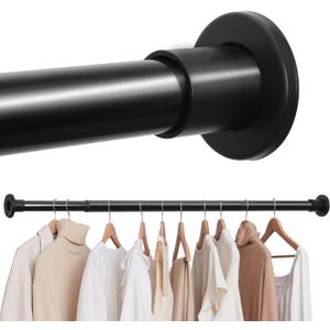 Black Adjustable Closet Rod 18-77 Inches, Heavy Duty Metal Clothes Hanging Rod, Rust-Proof Non-Slip Wardrobe Bar for Closet, Laundry Room, RV
