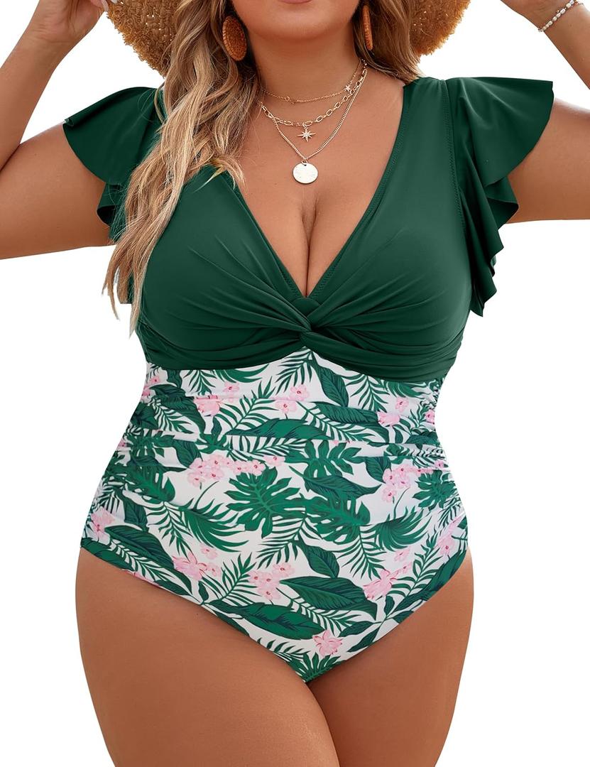 Blooming Jelly Womens Tummy Control Bathing Suit One Piece Plus Size Swimsuits Lace Up Back Ruffle Swim Suits 2025 (3X-Large Plus, Green Floral) Blooming Jelly Womens Tummy Control Bathing Suit One Piece Plus Size Swimsuits Lace Up Back Ruffle Swim Suits 2025 (3X-Large Plus, Green Floral)