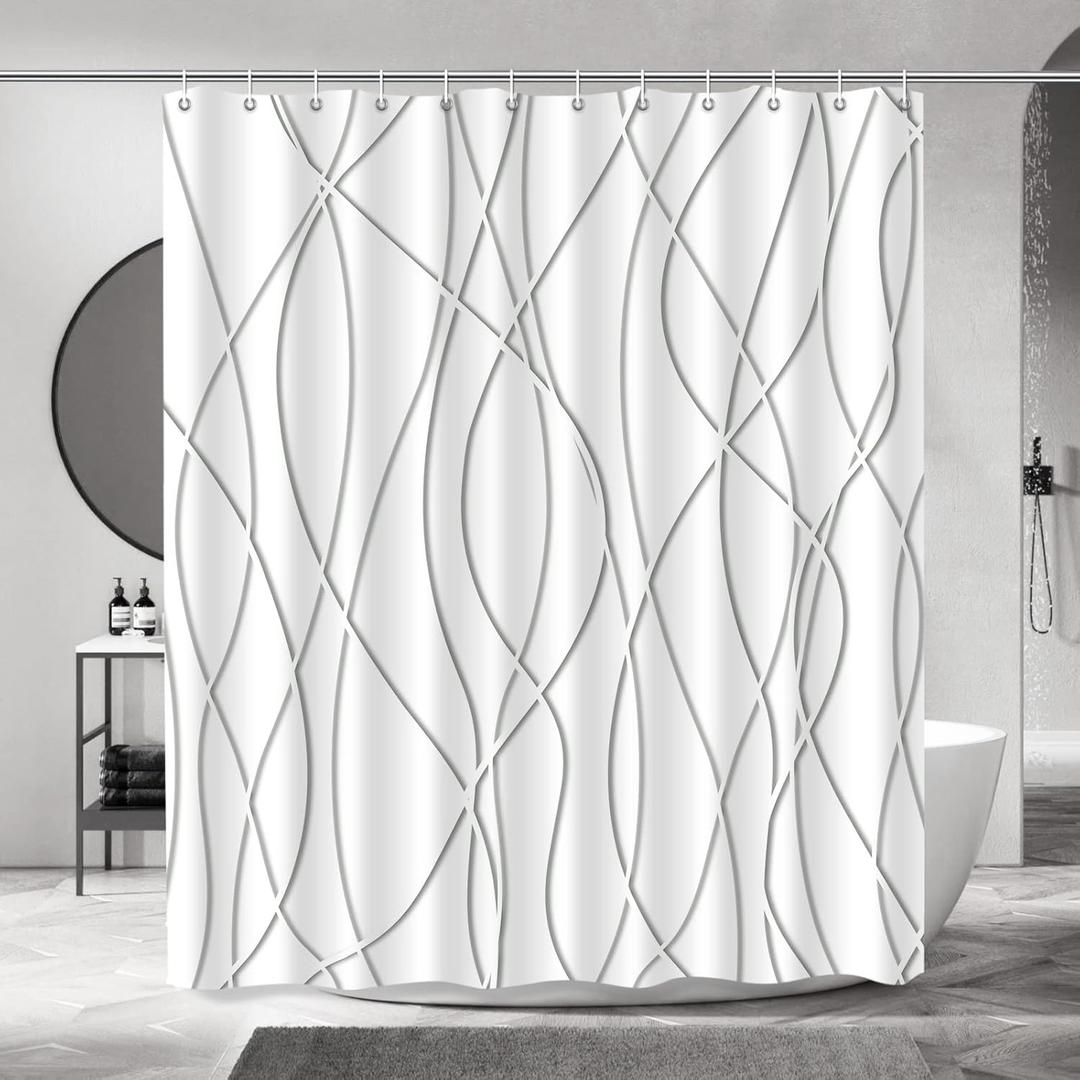 Grey Shadow Shower Curtain for Bathroom with Hooks, Shower Curtain Set Stripe Bath Curtains Decor White Shower Curtains Weighted Hem Washable, 72 x 72
