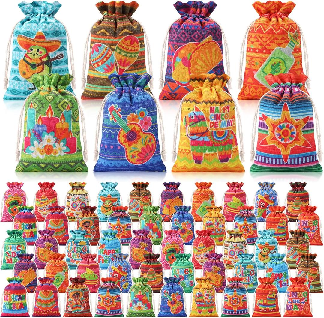 SilTriangle 50 Pcs Mexican Candy Bags 4 x 6 Inch Ethnic Style Mini Cloth Drawstring Gift Bag Reusable Cotton Jewelry Goodie Pouches for Mexican Fiesta Party Favor