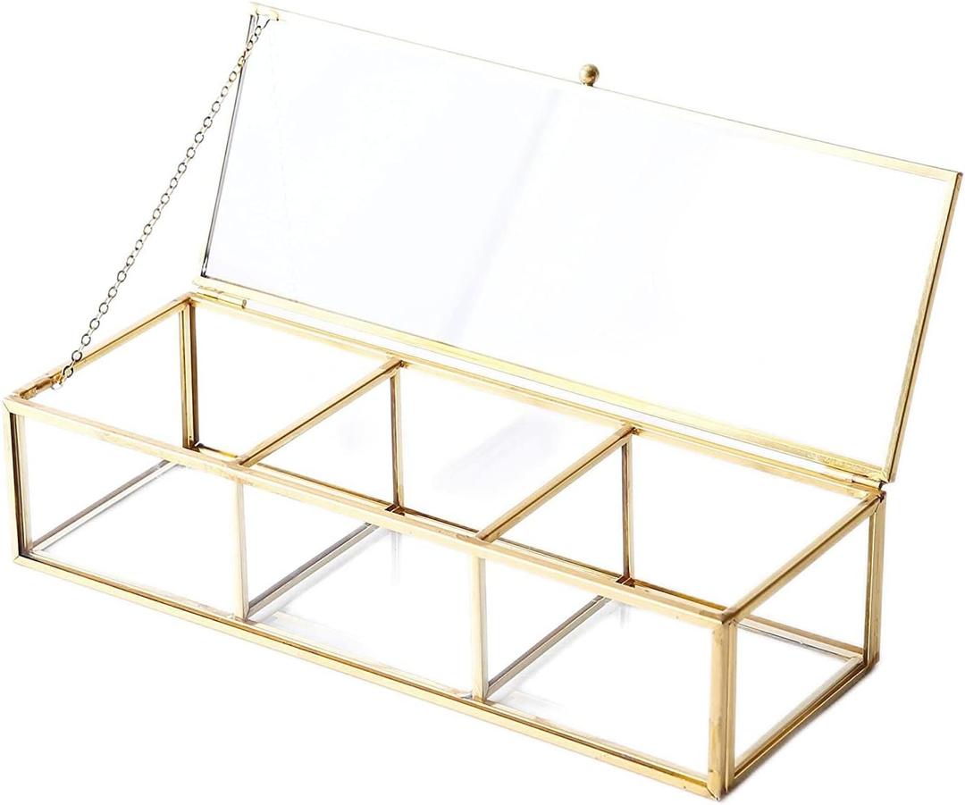 Vintage Golden Glass Lidded Box Clear Glass & Brass Metal Storage Jewelry and Cosmetic Makeup Organizer with Lid Beauty Display, Rectangle with 3 Compartment Vintage Golden Glass Lidded Box Clear Glass & Brass Metal Storage Jewelry and Cosmetic Makeup Organizer with Lid Beauty Display, Rectangle with 3 Compartment