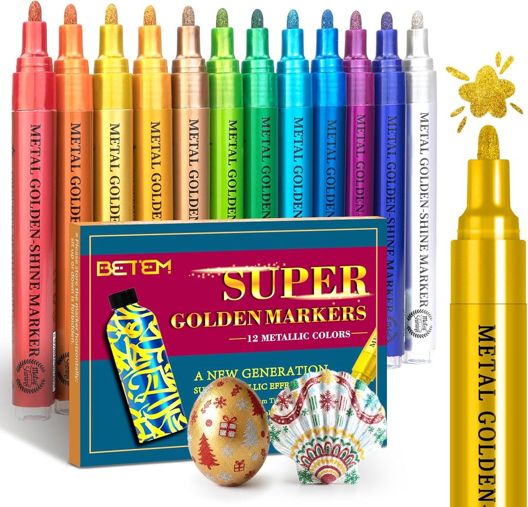 Betem Super Golden Metallic Paint Markers, 12 Colors Metallic Paint Pen Scrapbook Supplies, 2-3mm Medium Tips Glitter Markers for Black Paper, Rock Painting, Ceramic, Wood, Christmas Gifts DIY Crafts