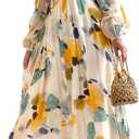 Sissyaki Womens Long Sleeve Summer Maxi Dress 2026 Floral Dress Spring Wedding Guest Dress Yellow-Watercolour XL
