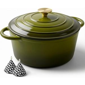 Miereirl 4.5 Quart Enameled Dutch Oven Pot with Lid, Cast Iron Dutch Oven with Dual Handles for Bread Baking, Cooking, Non-stick Enamel Coated Cookware, Golden Green