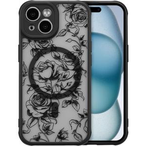 XIZYO Magnetic Case for iPhone 13, Floral Flower Cute Aesthetic Case [Compatible with Magsafe] for Women Girls Rose Pattern Slim TPU Bumper Shockproof Protective Cover, Branch Rose/Black