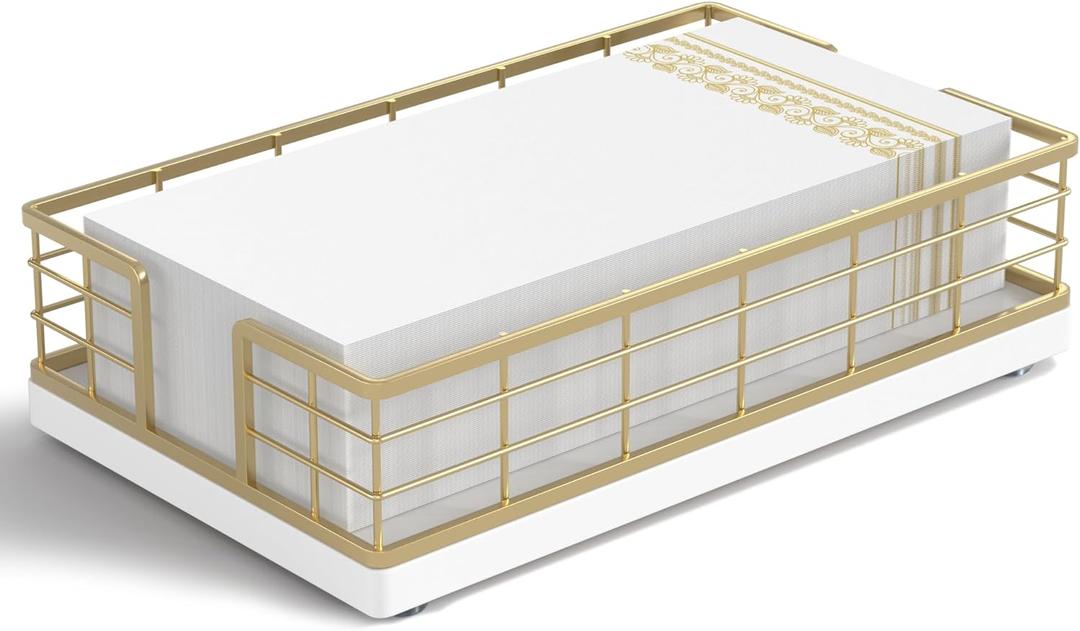 Wican Guest Towel Holder Tray for Bathroom, Oak and Iron Napkins Holder for Powder Room Dinning Table Wooden Basket for Disposable Paper Hand Towels Gold and White (9.06 x 5.51 x 2.56 inchs)