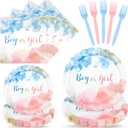 96 Pcs Gender Reveal Plates and Napkins set-Serve 24, Boy or Girl Gender Reveal Party Tableware Set Includes Disposable Scalloped Paper Plates Napkins & Forks for Baby Gender reveal Party