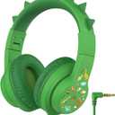 iClever Kids Headphones for School Travel, Safe Volume 85dBA, Stereo Sound Over-Ear for Kid, Foldable 3.5mm Wired Dinosaur Headphones for iPad Computer, HS19S (Green)
