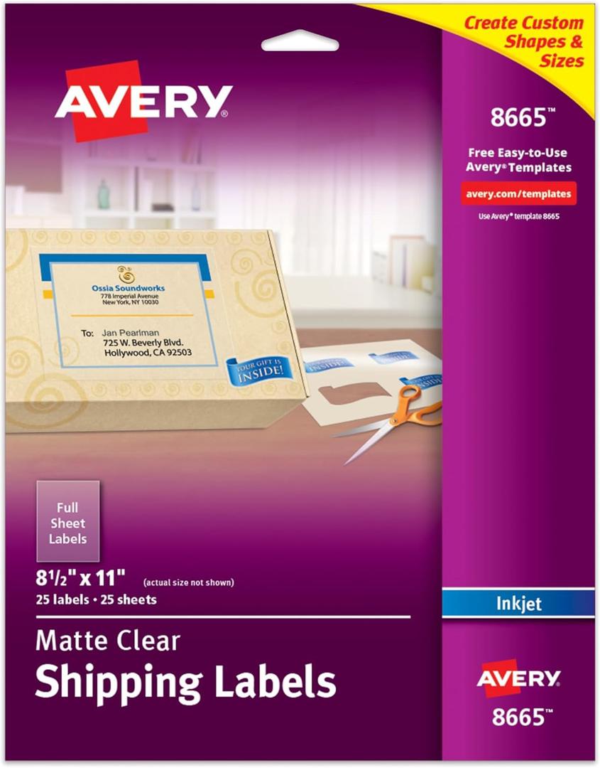 Avery Full Sheet Printable Shipping Labels, 8.5" x 11", Matte Clear, Inkjet, Create Custom Labels Using Scissors or Electronic Cutting Machines, 25 Total (8665)