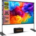 TOWOND Projector Screen and Stand, 120 inch Outdoor Projector Screen Indoor, Portable Movie Screen 16:9 4K Front Rear Projection Screen with Carry Bag Wrinkle-Free Design for Home Backyard Theater