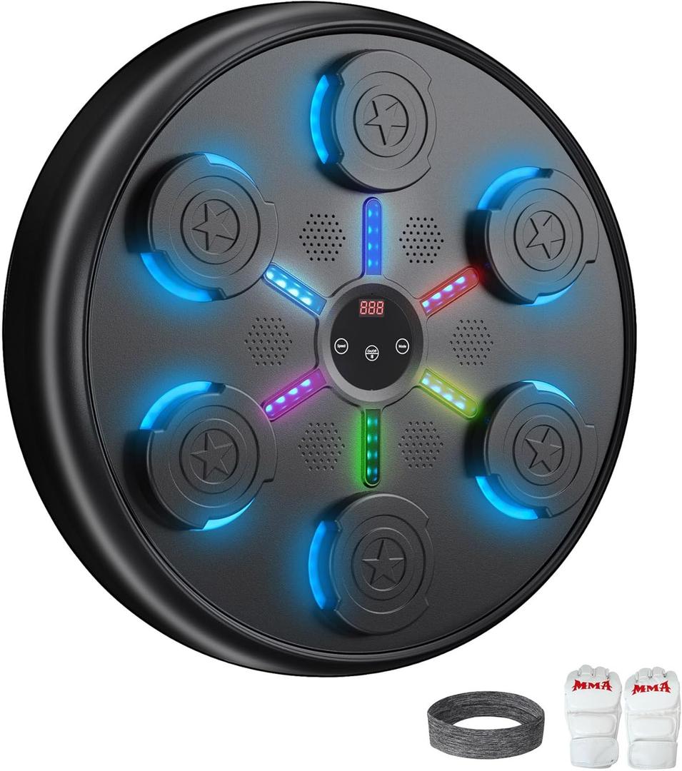 Music Boxing Machine Smart Bluetooth, Wall-Mounted Punching Target with 9 Modes & Speeds for Home Fitness, Boxing Workouts, Music Lovers, Includes Gloves and Headband (Black)