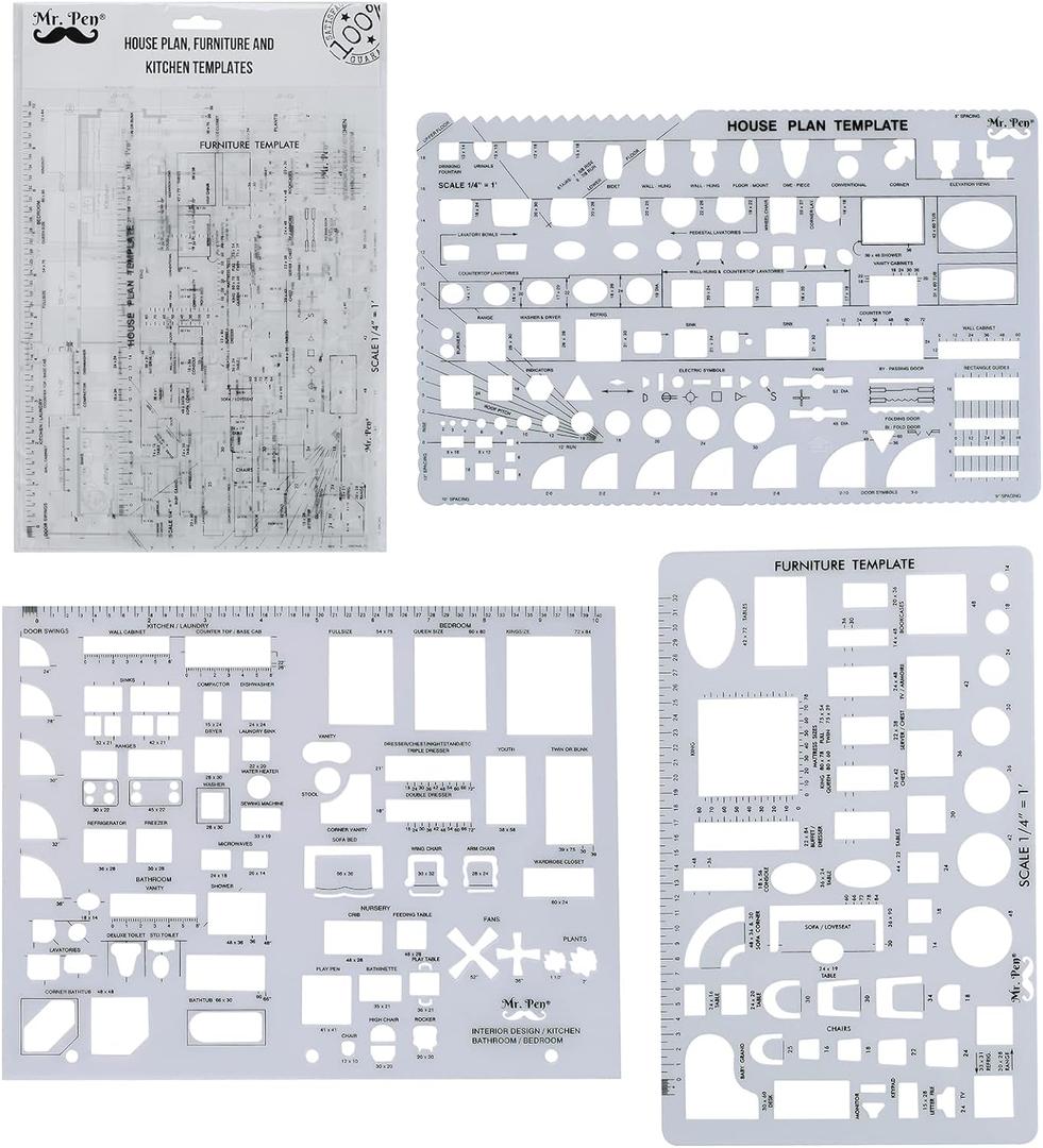 Mr. Pen- House Plan, Interior Design and Furniture Templates, Drafting Tools and Ruler Shapes for Architecture - Set of 3 (Clear)