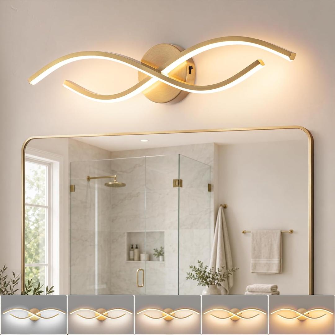 24 Inch Gold Modern LED Vanity Light, 20W 5CCT Dimmable Bathroom Light Fixture Over Mirror, 2700K-6500K Contemporary Wall Sconce for Bathroom, Curved Design Modern Vanity Lighting (Gold)