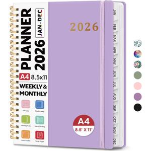 2026 Planner 8.5" x 11", Weekly and Monthly Calendar Planner Book, January 2026 - December 2026, Hardcover Spiral Planner with Monthly Tabs, Notes Pages, Perfect for Women & Men, A4 - Lavender