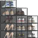 12 Pack Large Shoe Storage Box Organizer for Closet, Versatile Clear Plastic Stackable Sneaker Shoe Rack Containers Bins Holders, Portable Closet Organizers and Storage, Black